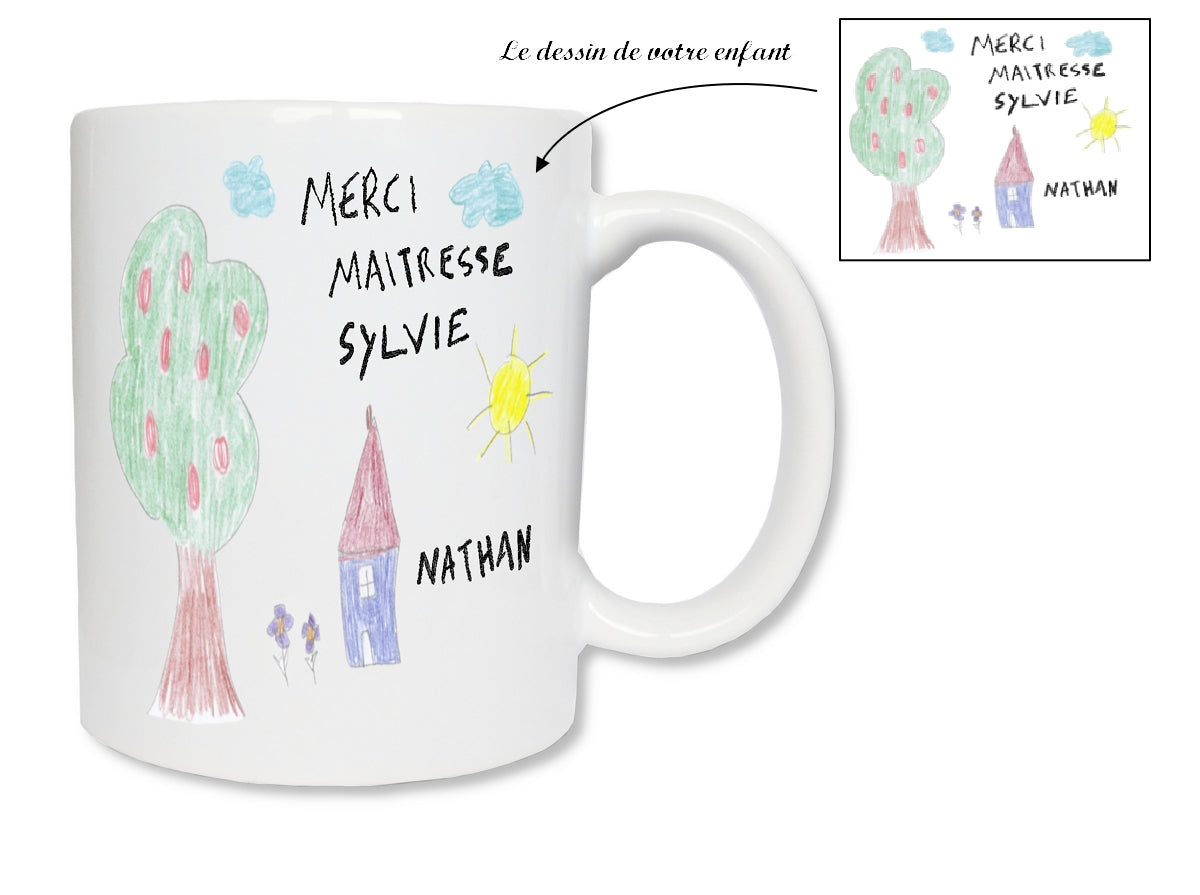 Mug personnalisé avec dessin d'enfant imprimé — cadeau maîtresse fin d'année sur céramique 325ml
