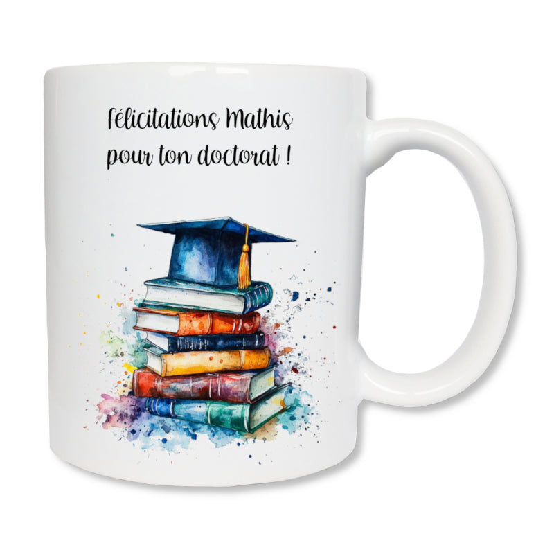 Mug personnalisé céramique de 325 ml avec un chapeau de diplômé. Cadeau pour félicitations réussite diplôme baccalauréat, brevet des collèges