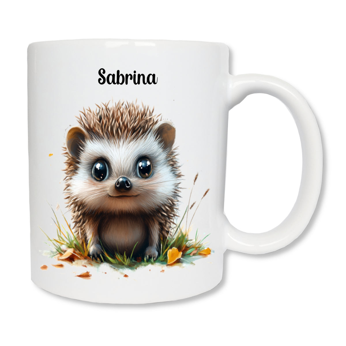 Mug blanc en céramique de 325 ml avec un hérisson et personnalisé avec un prénom.