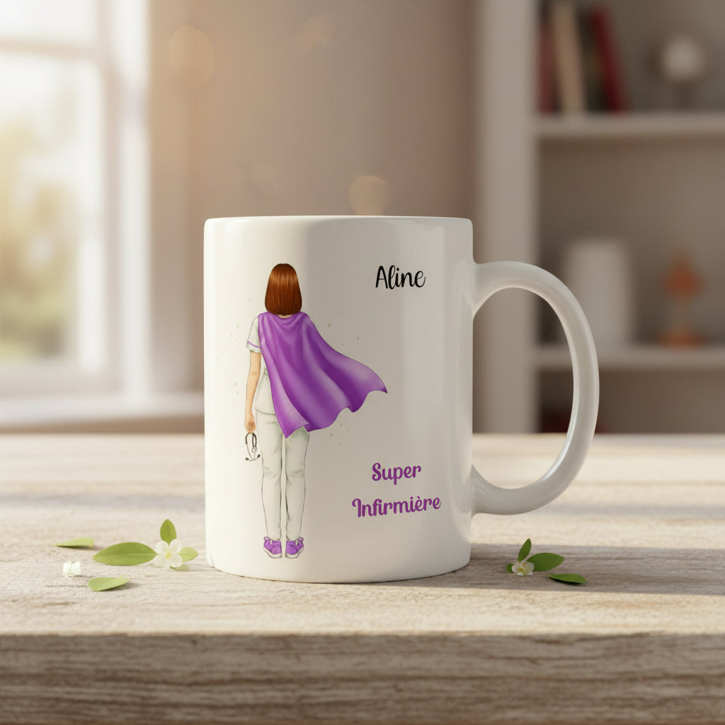 Mug infirmière personnalisé mise en situation - idée cadeau aide soignante
