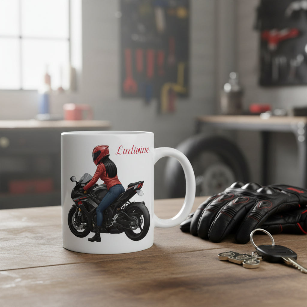 Mug personnalisé avec motarde sur sa moto et prénom - Cadeau motarde anniversaire ou Noël