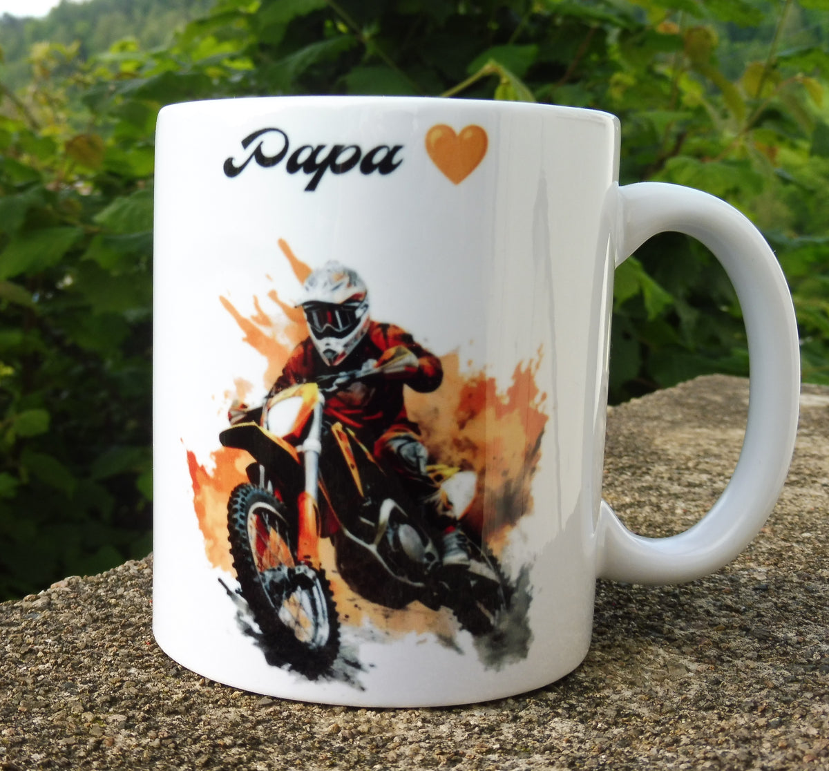 Mug en céramique blanc de 325 ml motocross orange et personnalisé avec un prénom. Cadeau pilote 