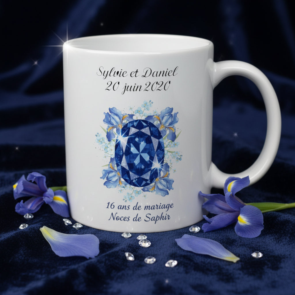 Cadeau anniversaire 16 ans de mariage – mug céramique personnalisé saphir bleu
