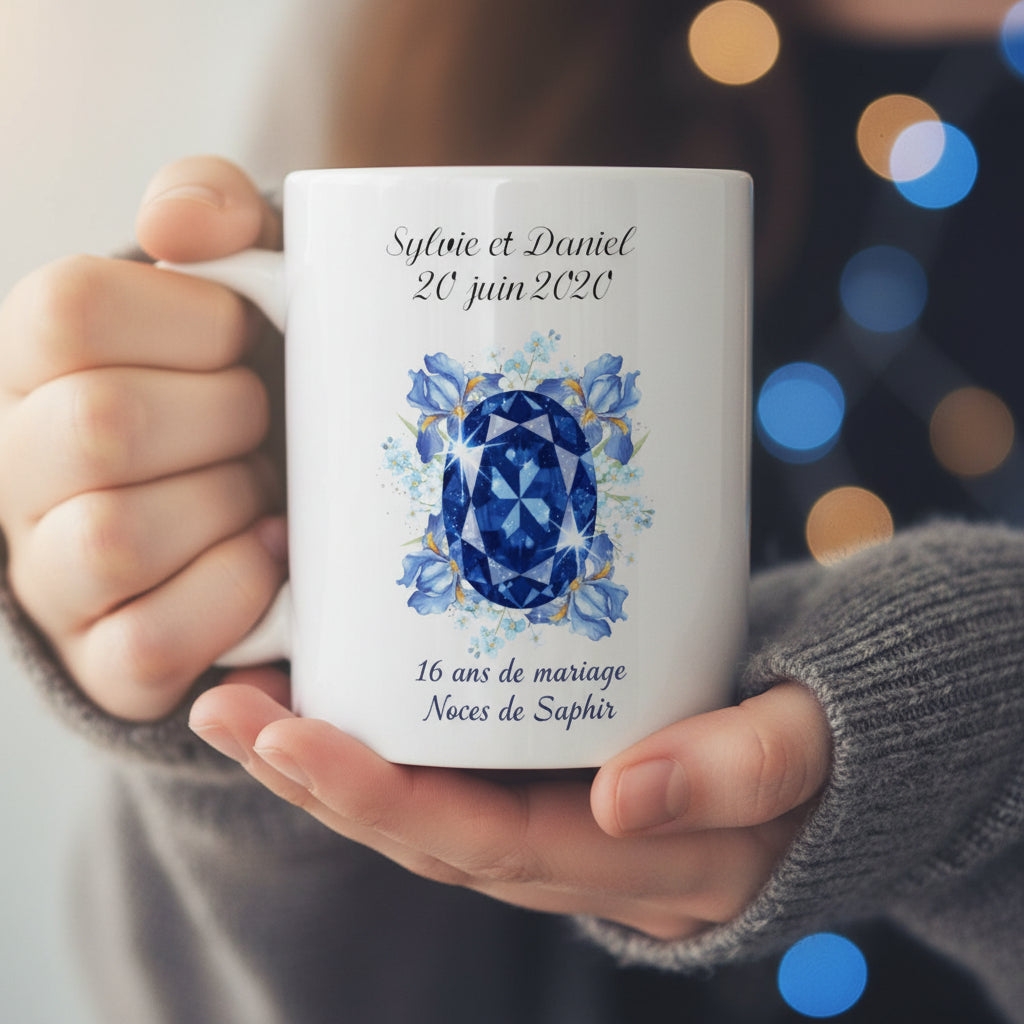 Mug Noces de Saphir – idée cadeau couple pour 16 ans de mariage
