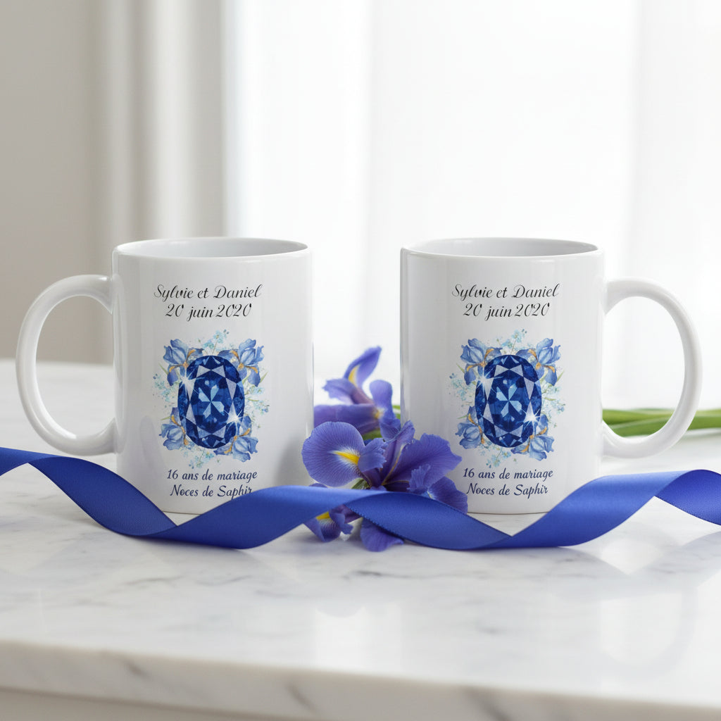 Mug personnalisé anniversaire mariage 16 ans – Noces de Saphir duo
