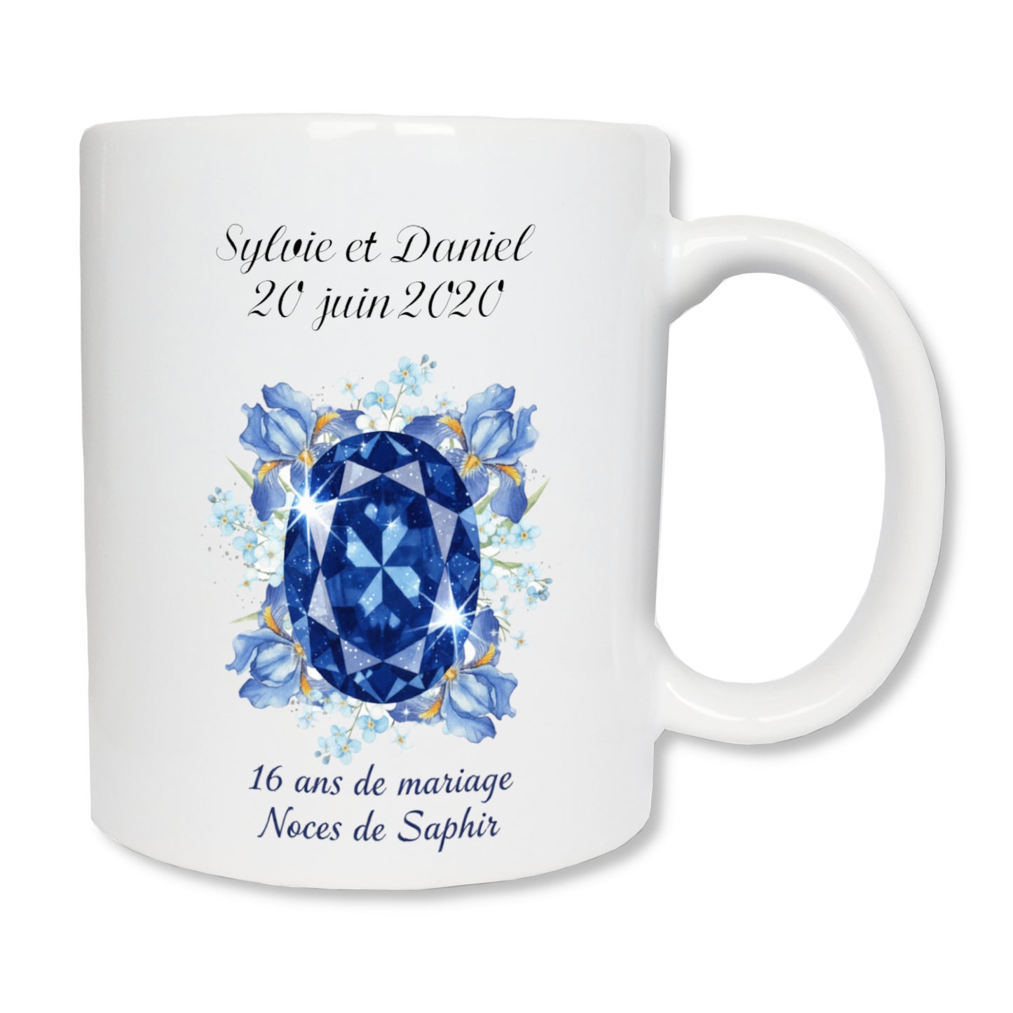 Mug personnalisé Noces de Saphir 16 ans de mariage avec saphir bleu et iris
