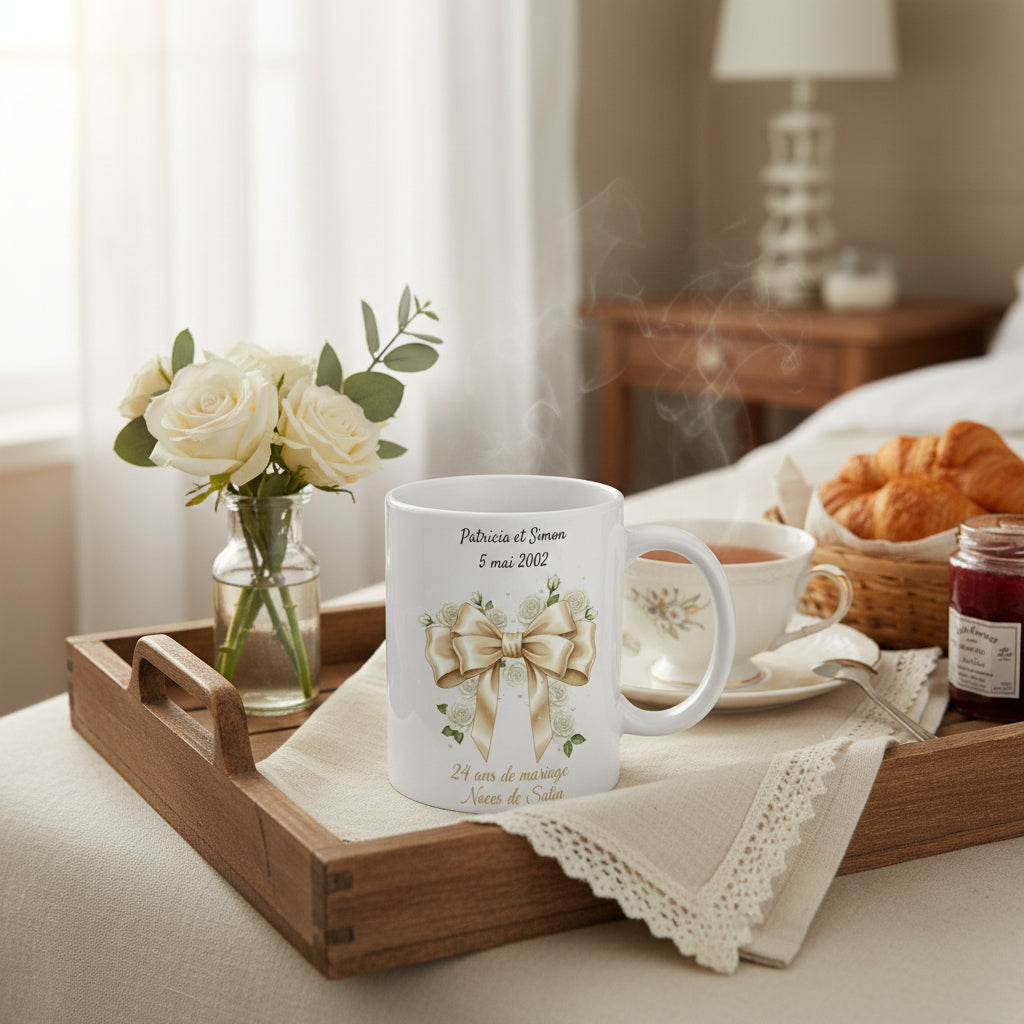 Mug personnalisé 24 ans de mariage Noces de Satin - mise en situation couple
