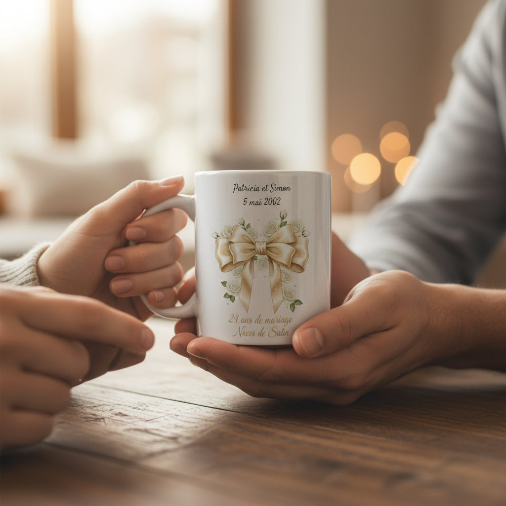 Mug Noces de Satin duo personnalisé avec prénoms et date de mariage

