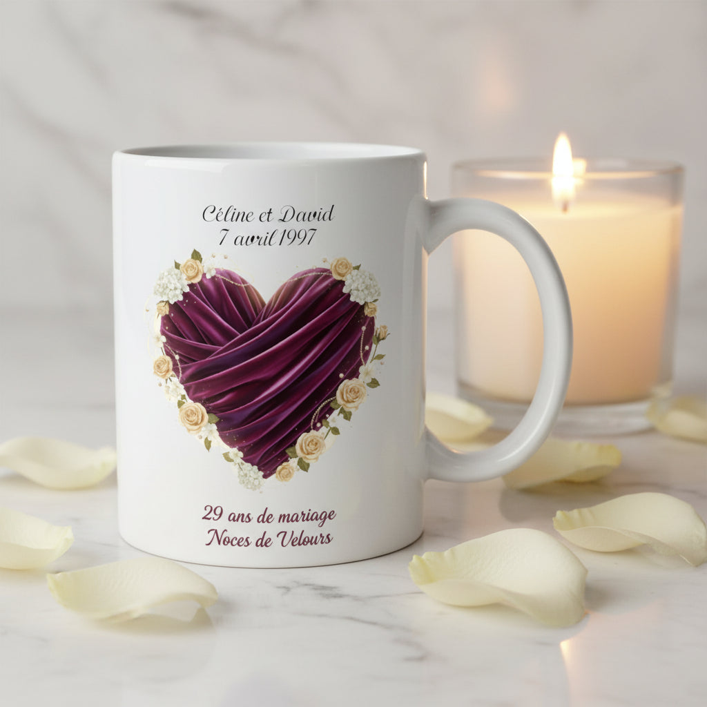 Tasse personnalisée 29 ans de mariage noces de velours avec prénoms - cadeau amoureux
