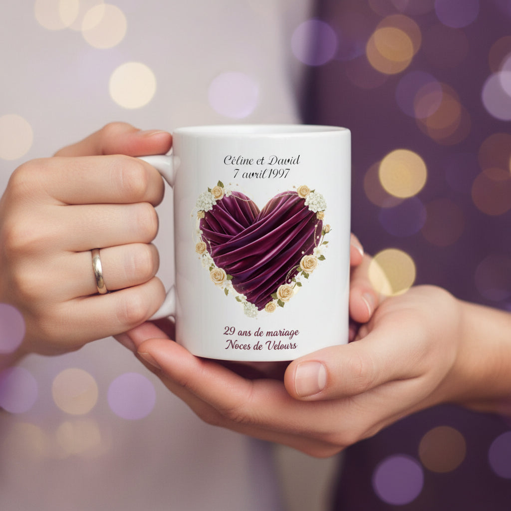 Mug personnalisé 29 ans de mariage noces de velours avec prénoms - cadeau amoureux
