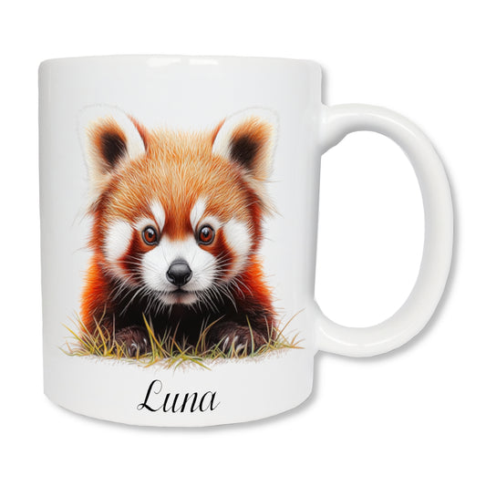Mug blanc en céramique de 325 ml personnalisé avec un prénom et un panda roux
