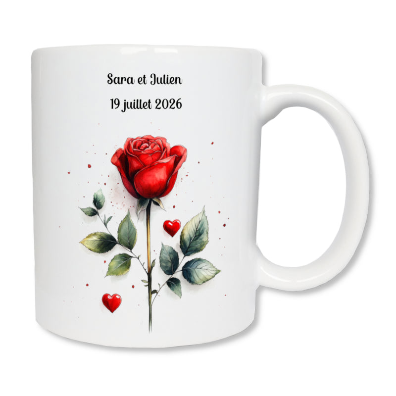 Mug céramique 325ml roses amoureux personnalisé avec prénoms - cadeau couple romantique
