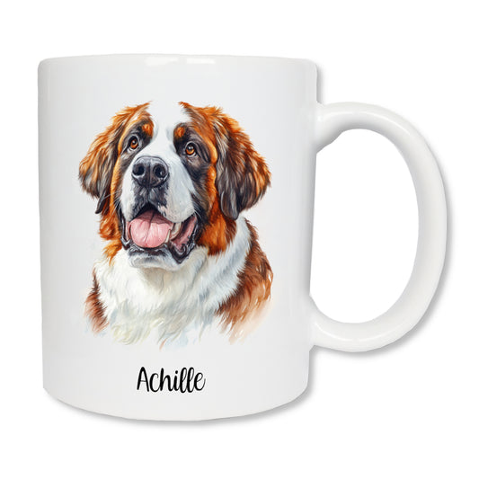 Mug blanc en céramique de 325 ml avec un dessin représentant la tête d'un chien Saint-bernard de face  et personnalisé avec un nom. Cadeau anniversaire