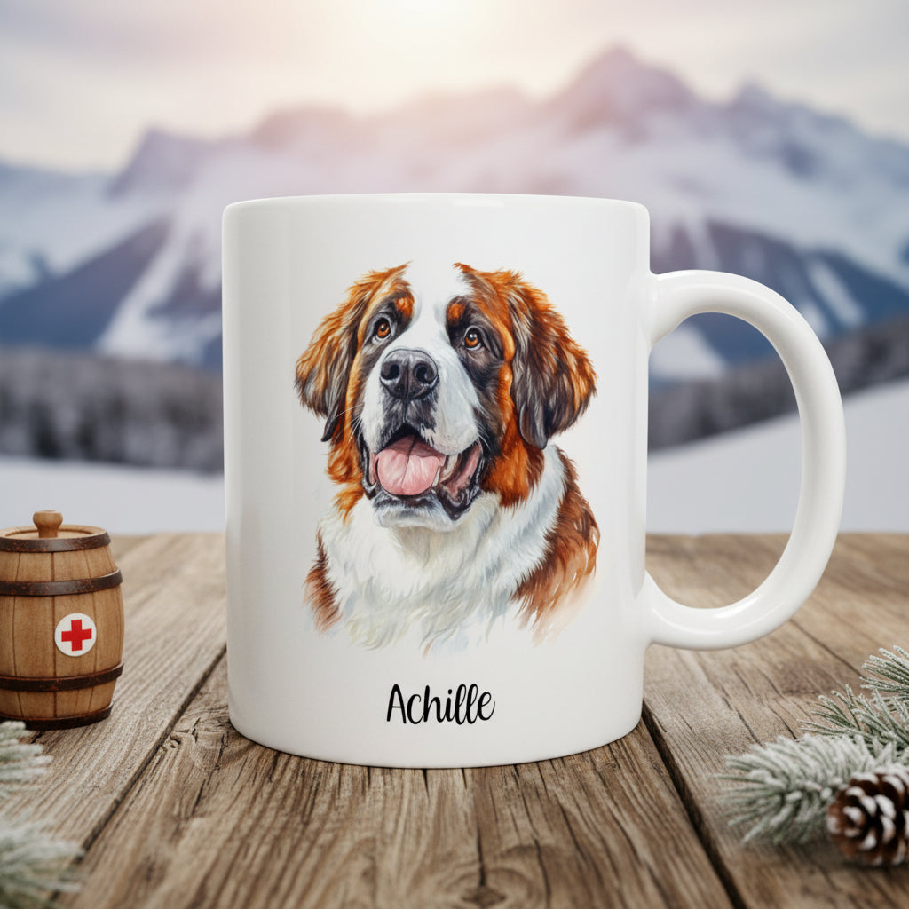 Mug personnalisé céramique avec chien Saint-Bernard et prénom - Cadeau anniversaire