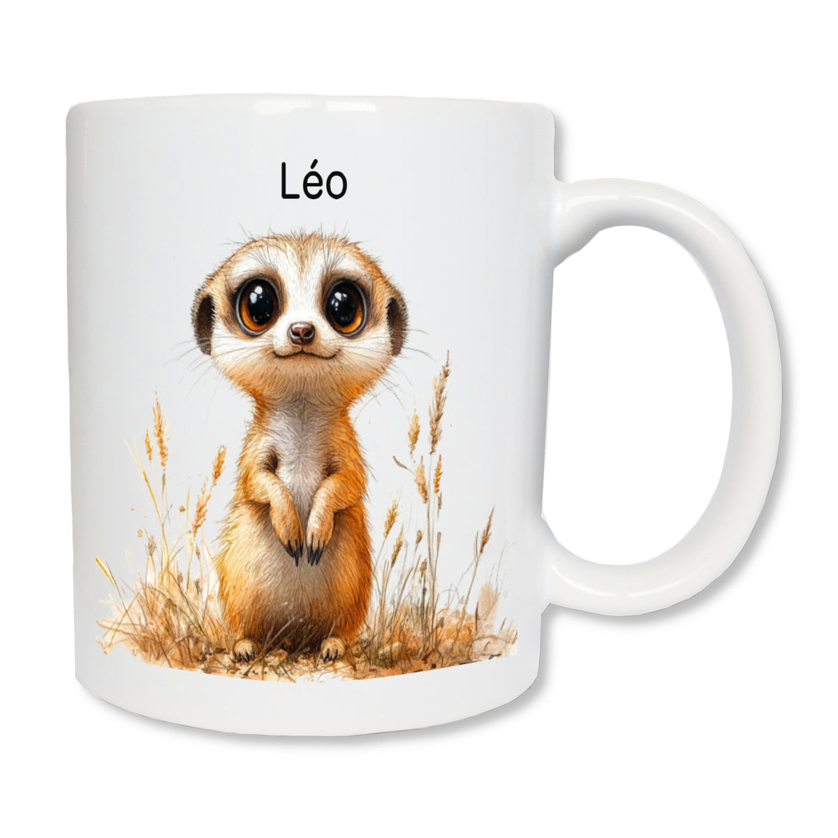 Mug en céramique avec un suricate debout et personnalisé avec un prénom