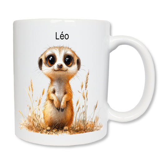 Mug en céramique avec un suricate debout et personnalisé avec un prénom