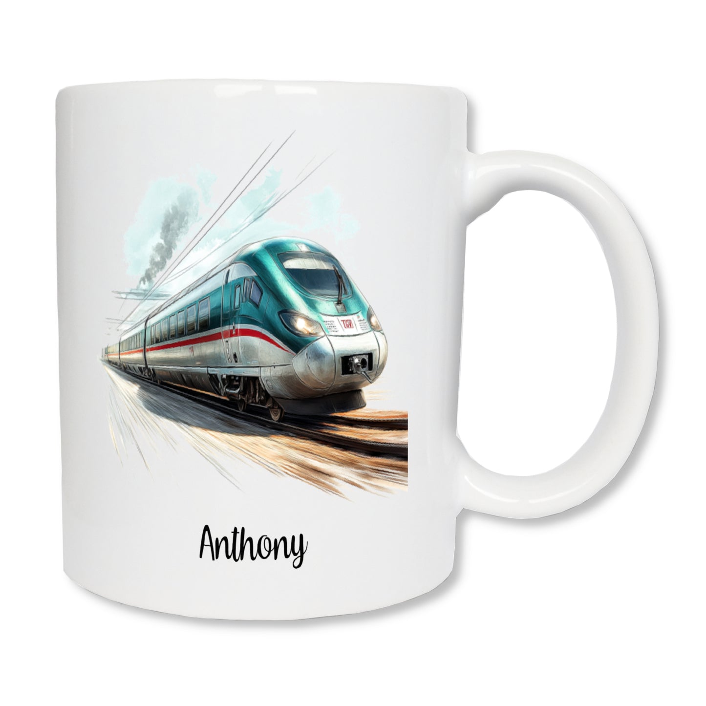 Mug blanc en céramique 325 ml avec le dessin d'un tgv qui roule sur des rails, et personnalisé avec un prénom. Cadeau conducteur / conductrice de train