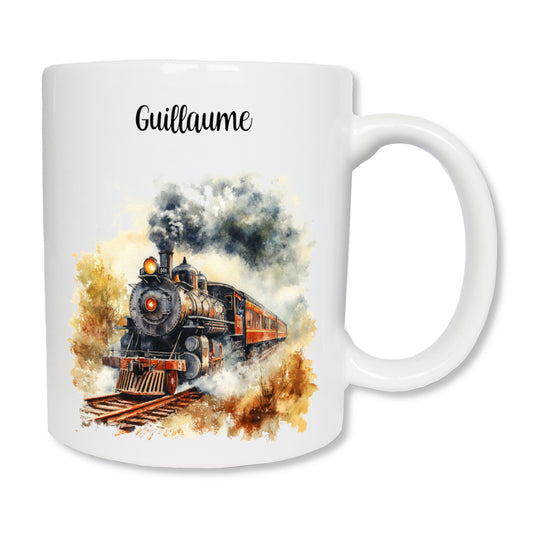 Mug blanc en céramique 325 ml avec dessin d'un train à vapeur, et personnalisé avec un prénom. Cadeau pour conducteur ou passionné de train.