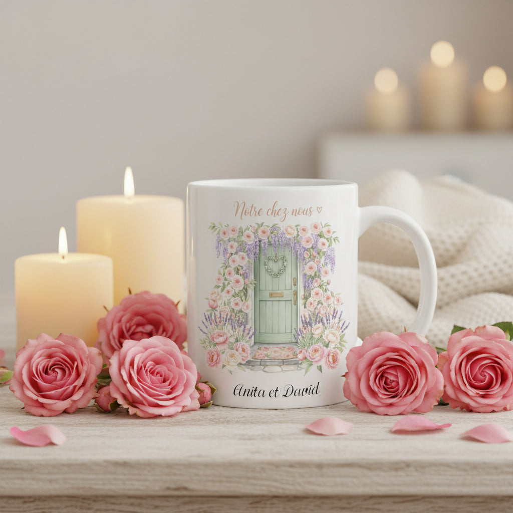 Mug personnalisé couple Notre chez nous avec prénoms – cadeau emménagement romantique