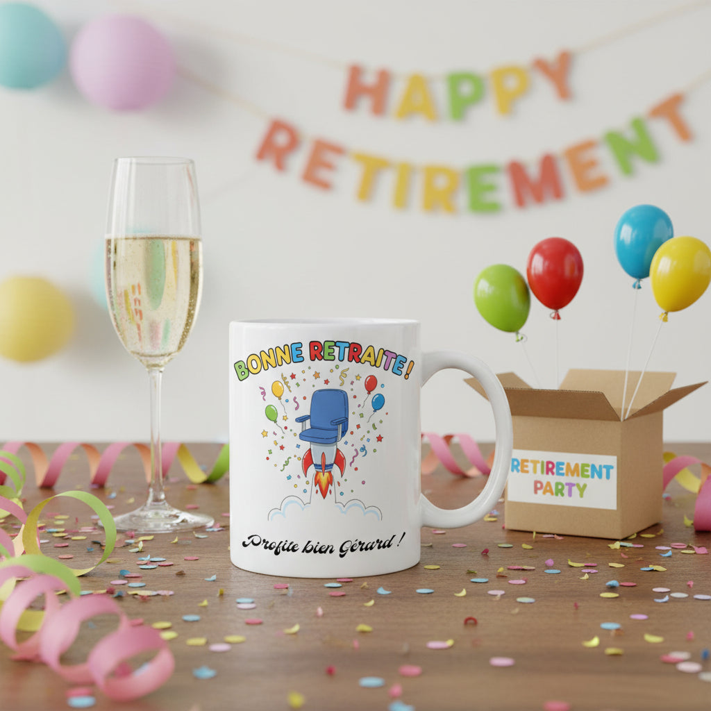 Mug personnalisé bonne retraite fusée chaise bureau avec prénom – cadeau départ retraite humour
