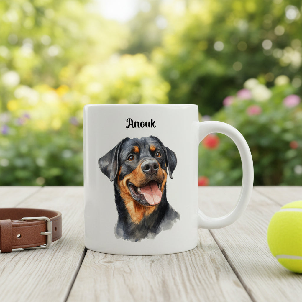 Mug personnalisé céramique avec rottweiler et prénom - Cadeau anniversaire