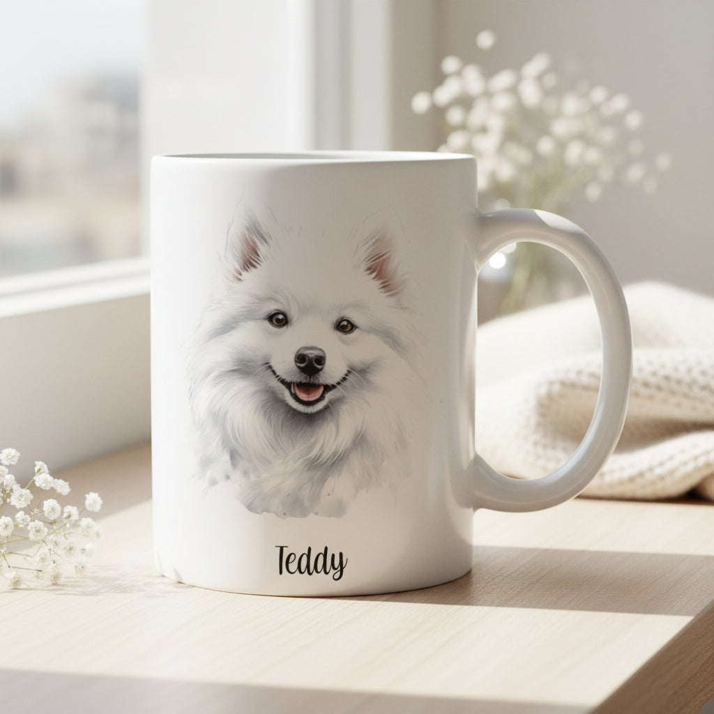 Tasse personnalisée céramique avec chien spitz blanc et prénom - Cadeau anniversaire