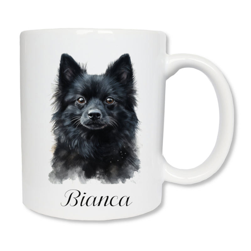 Mug blanc en céramique de 325 ml imprimé avec un chien spitz noir et personnalisé avec un prénom