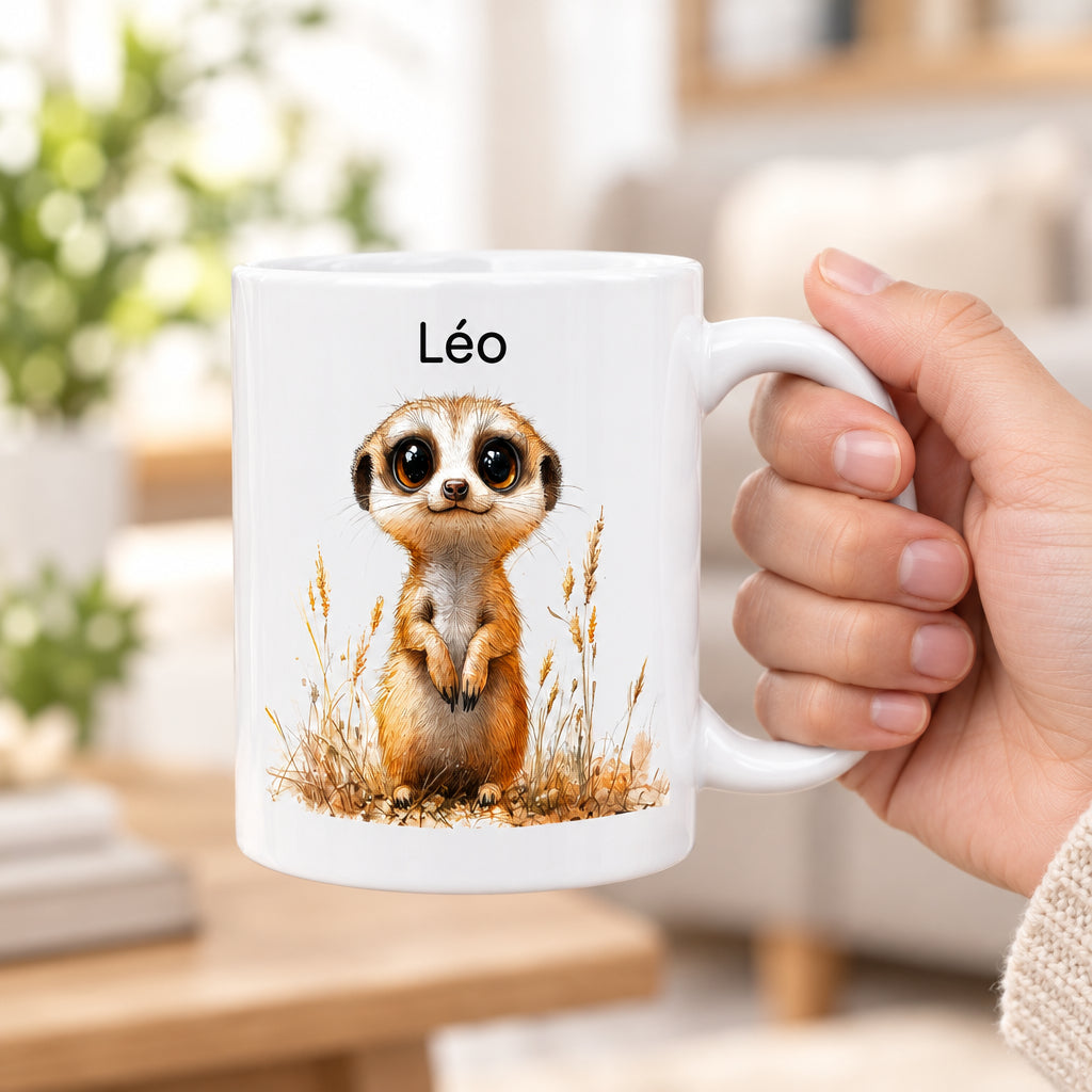 Mug personnalisé avec un suricate et un prénom