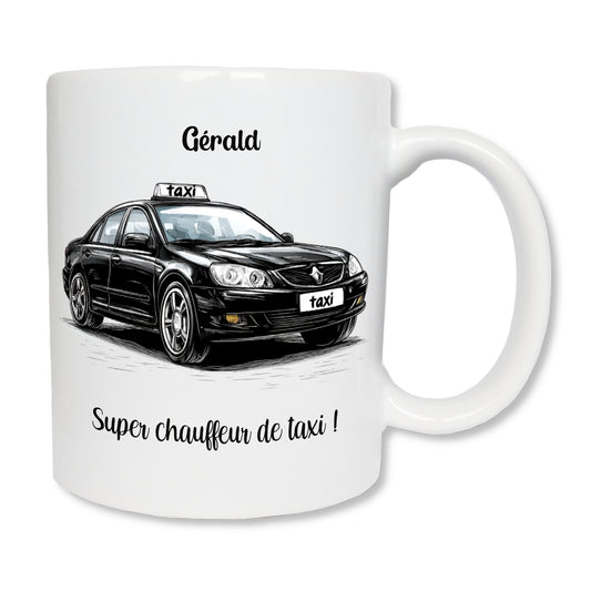 Mug blanc en céramique de 325 ml avec le dessin d'une voiture de  taxi noire, et personnalisé avec un prénom et message.