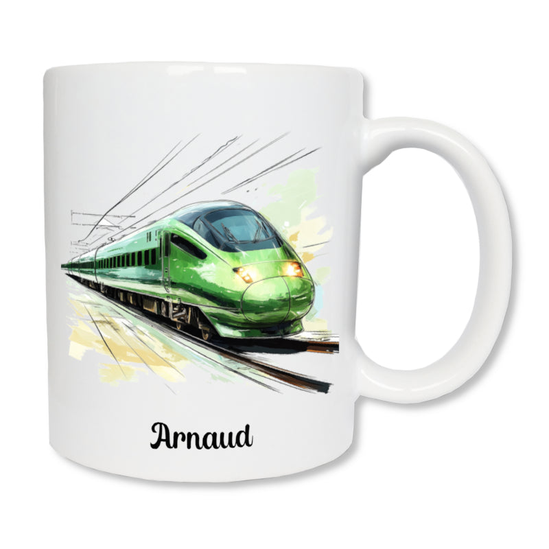 Vue de face mug TGV personnalisé avec prénom
