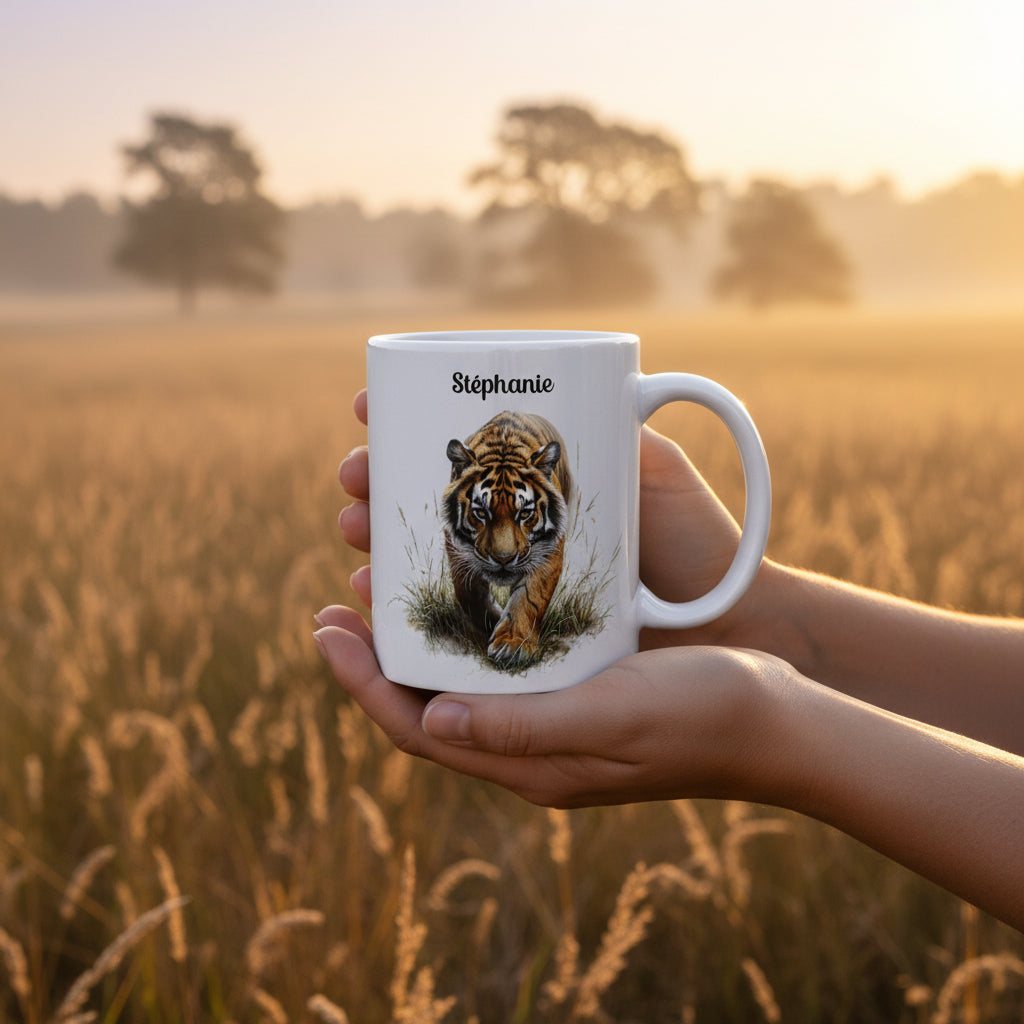 Mug personnalisé tigre aquarelle avec prénom – cadeau original amoureux des animaux sauvages
