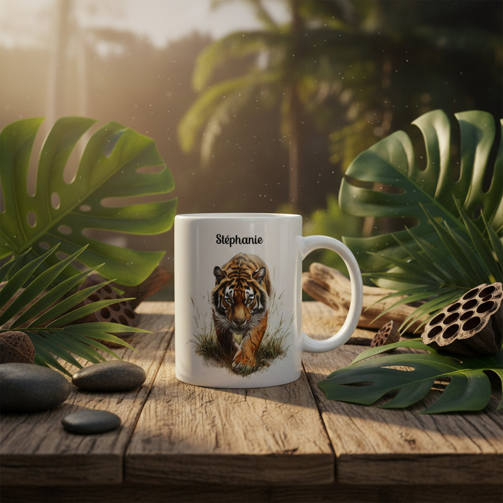 Mug tigre personnalisé avec prénom – idée cadeau nature jungle animal sauvage
