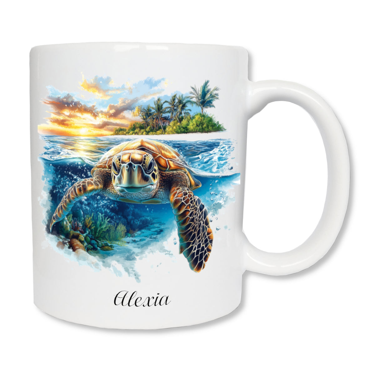 Mug blanc en céramique de 325 ml avec une tortue qui nage, et personnalisé avec un prénom