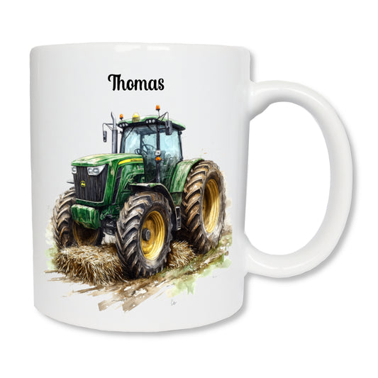 Mug personnalisé tracteur  vert avec prénom, cadeau agriculteur
