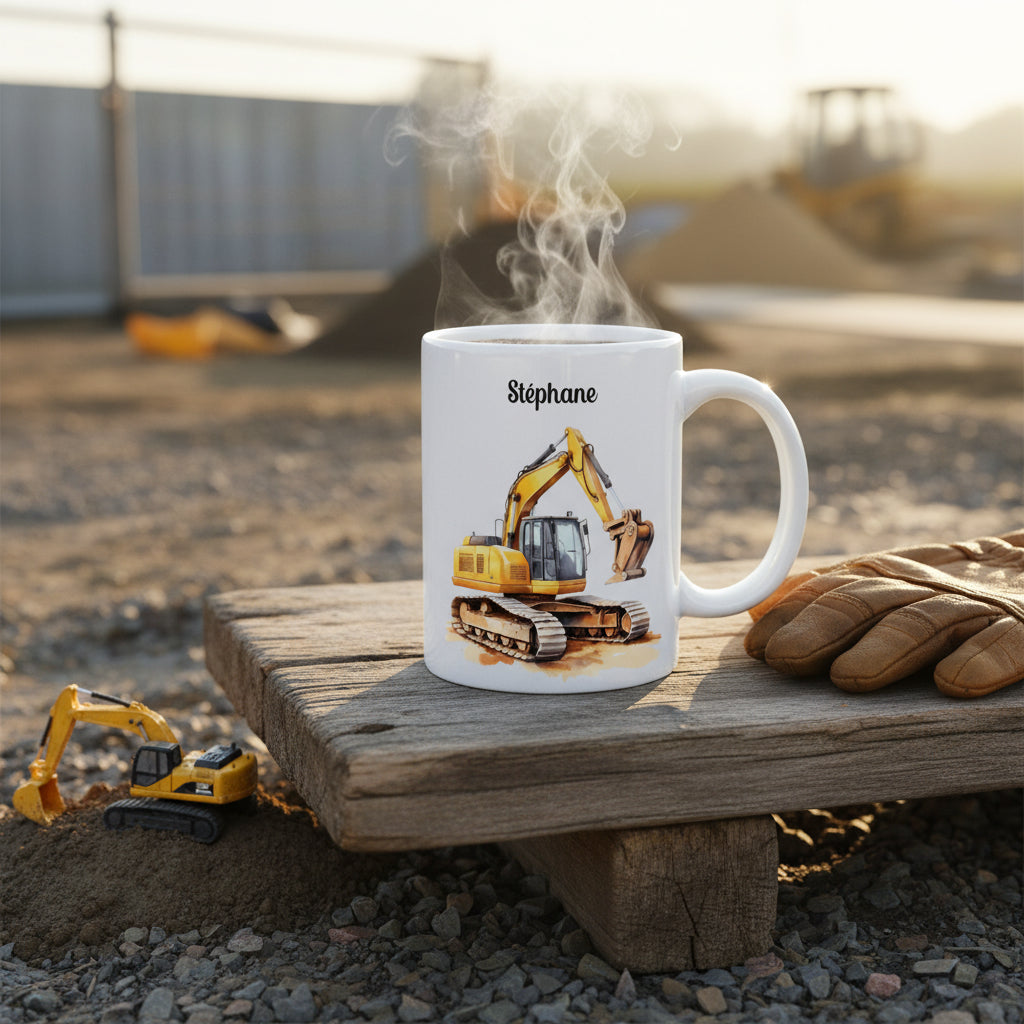 Mug personnalisé céramique avec pelleteuse jeune et prénom - Cadeau de Noël