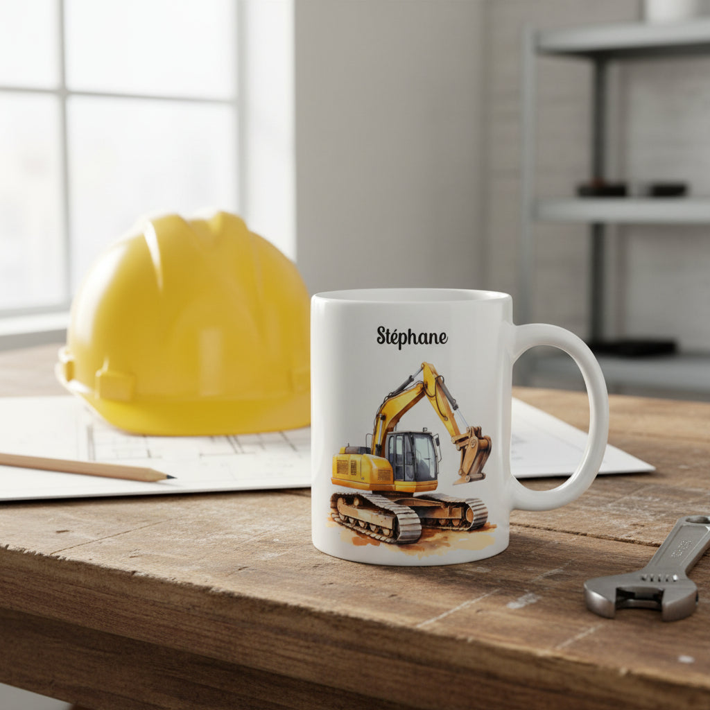 Tasse personnalisée céramique 325 ml avec tractopelle jaune et prénom - Cadeau anniversaire