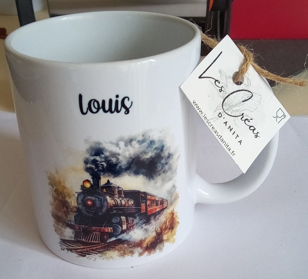Mug blanc en céramique 325 ml avec un train à vapeur, et personnalisé avec un prénom. Cadeau Noël ou anniversaire