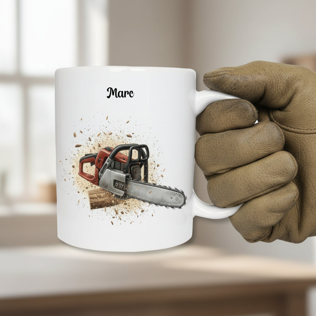 Mug personnalisé céramique 325 ml avec tronçonneuse et prénom - Cadeau fête des pères