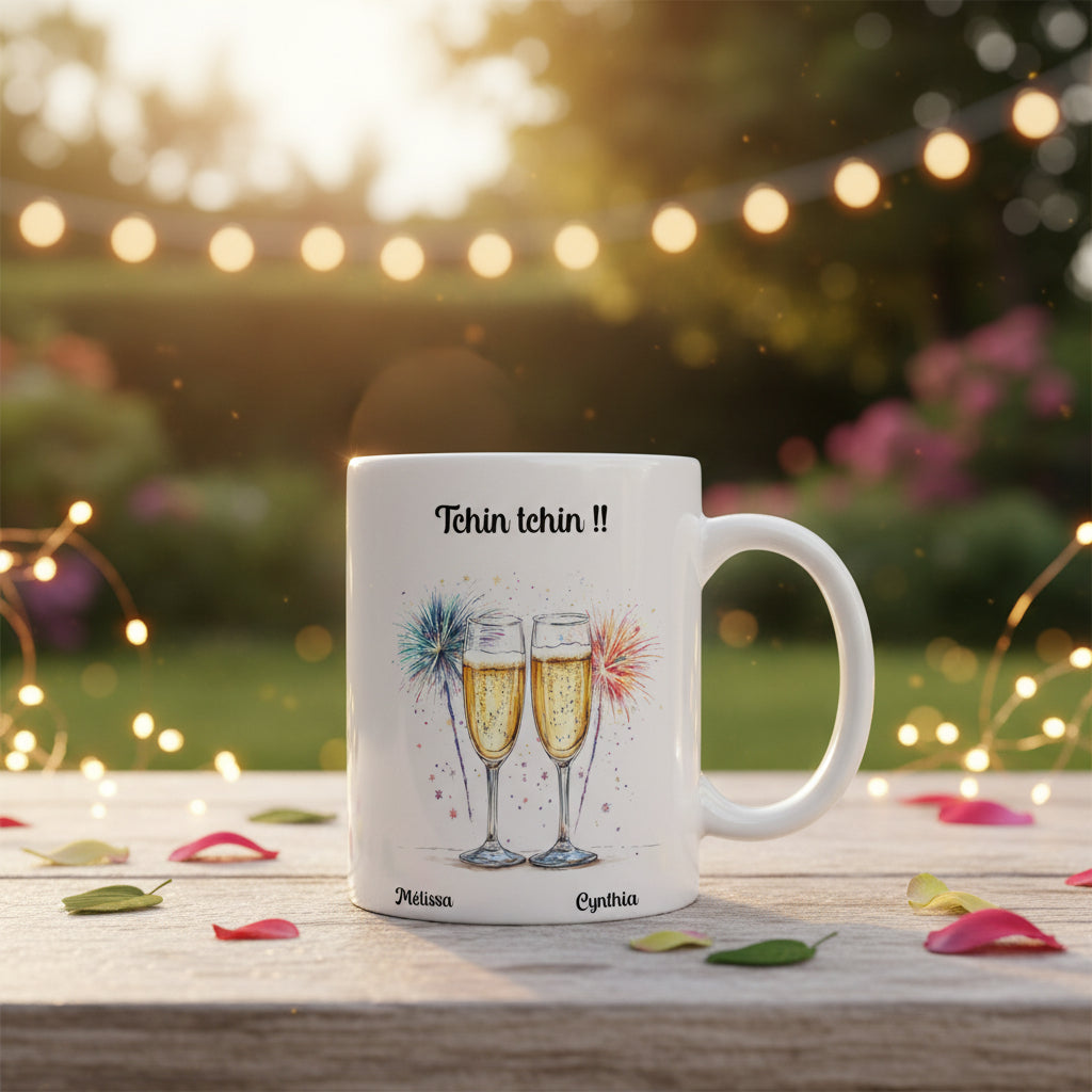 Mug personnalisé 2 amies soeurs cousines Tchin Tchin – cadeau fête célébration avec prénoms
