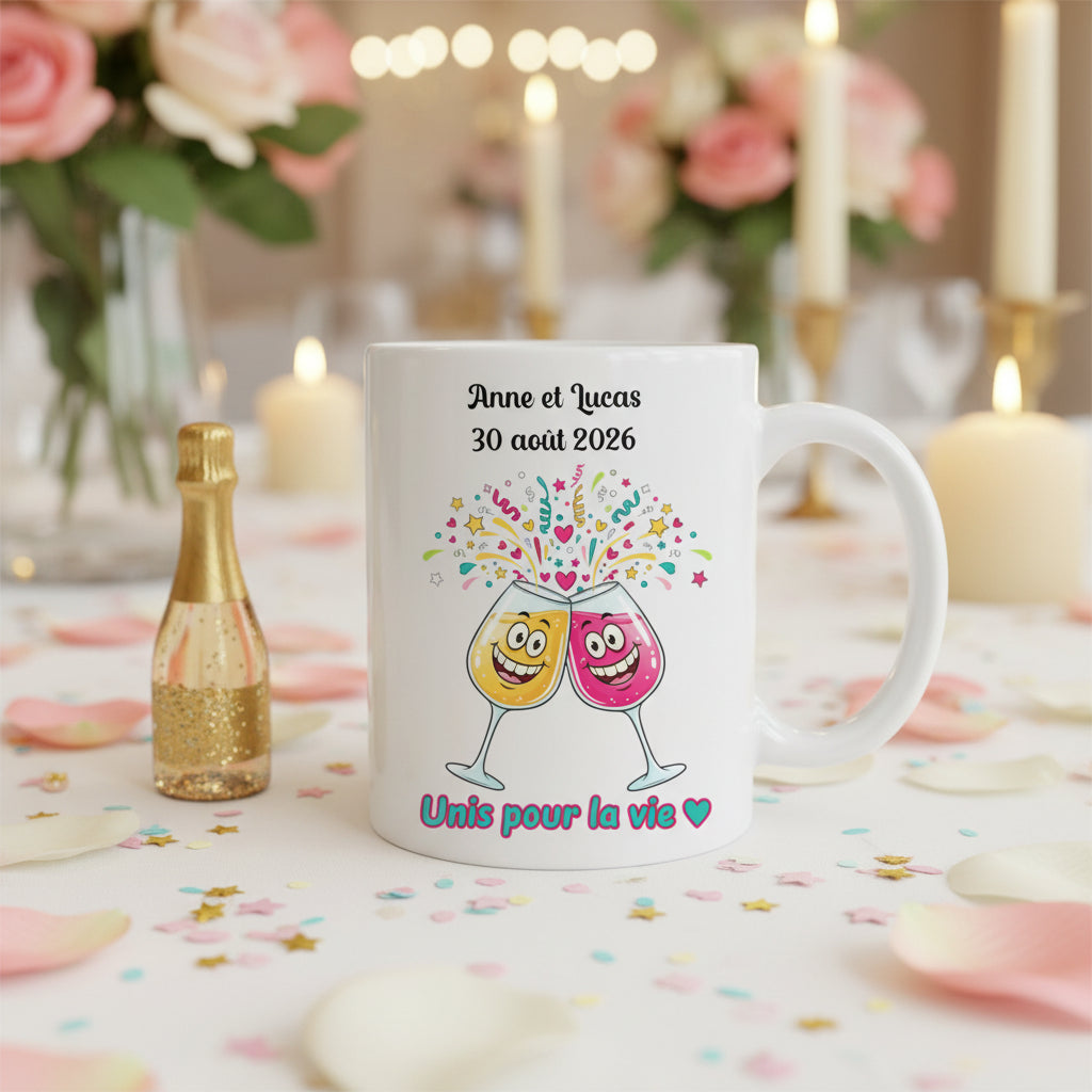 Mug personnalisé mariage rigolo, mug blanc avec illustration verres amoureux
