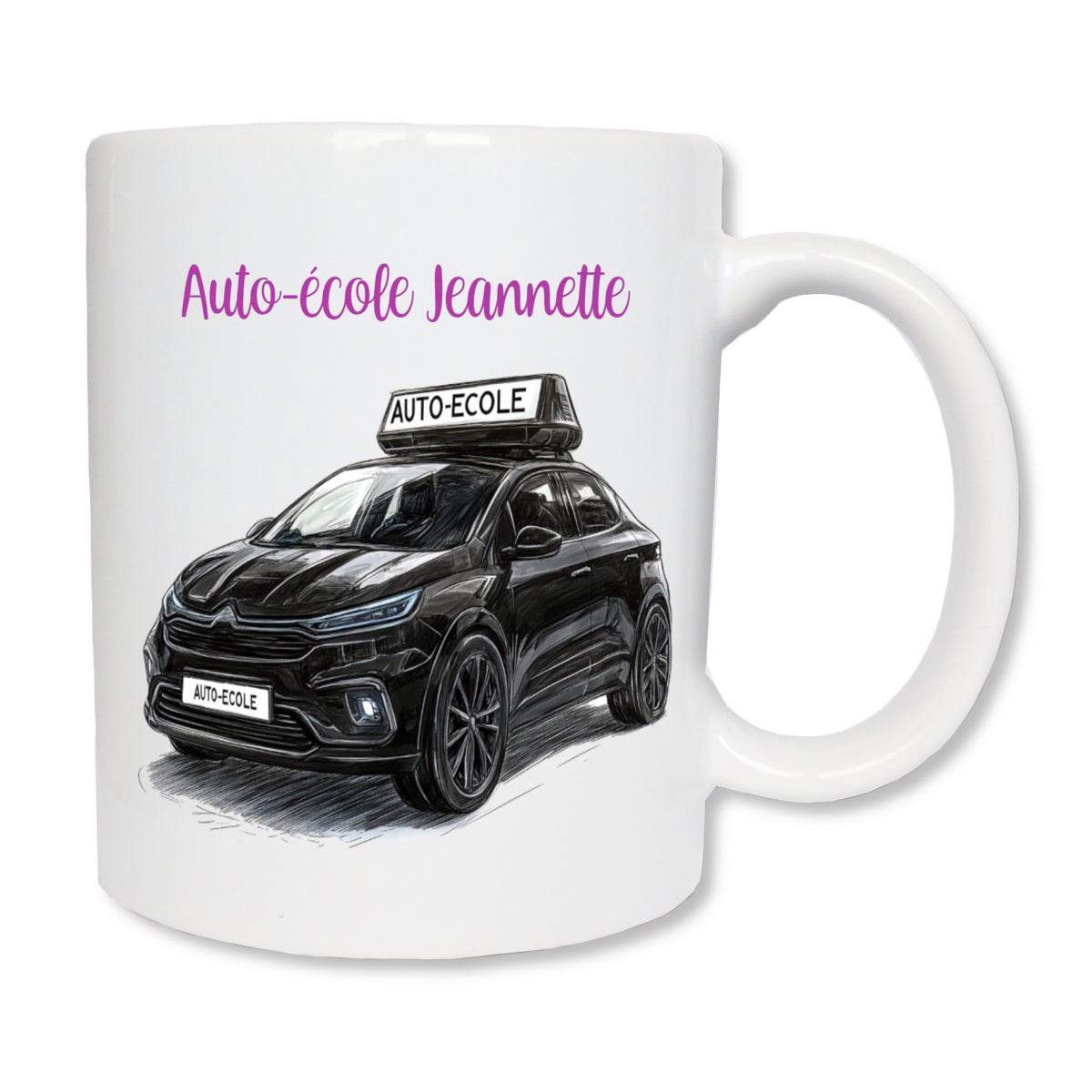 Mug blanc en céramique de 325 ml avec une voiture d'auto-école noire  et personnalisé avec votre message. Cadeau pour moniteur / monitrice.