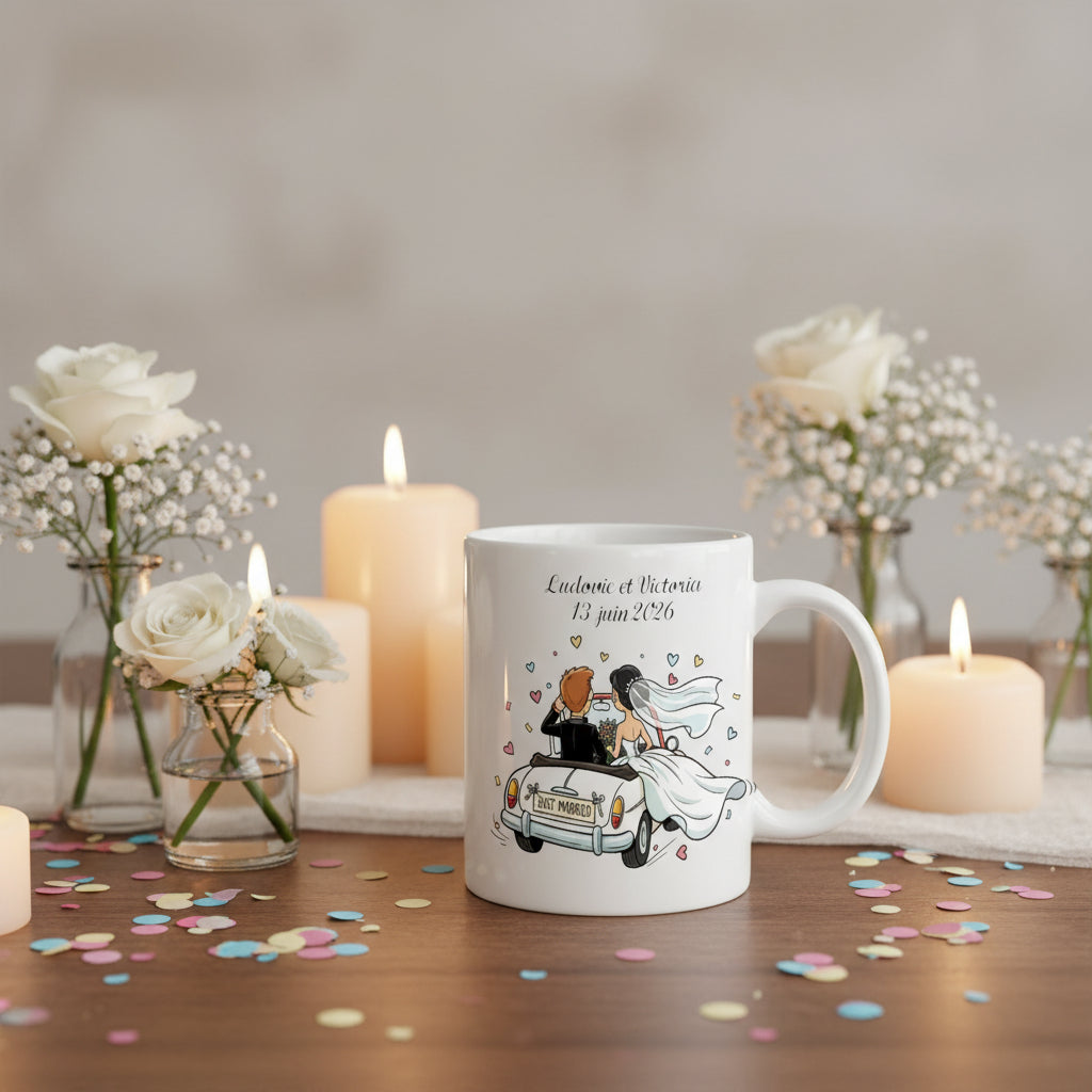Mug jeunes mariés personnalisé avec prénoms et date – cadeau mariage élégant
