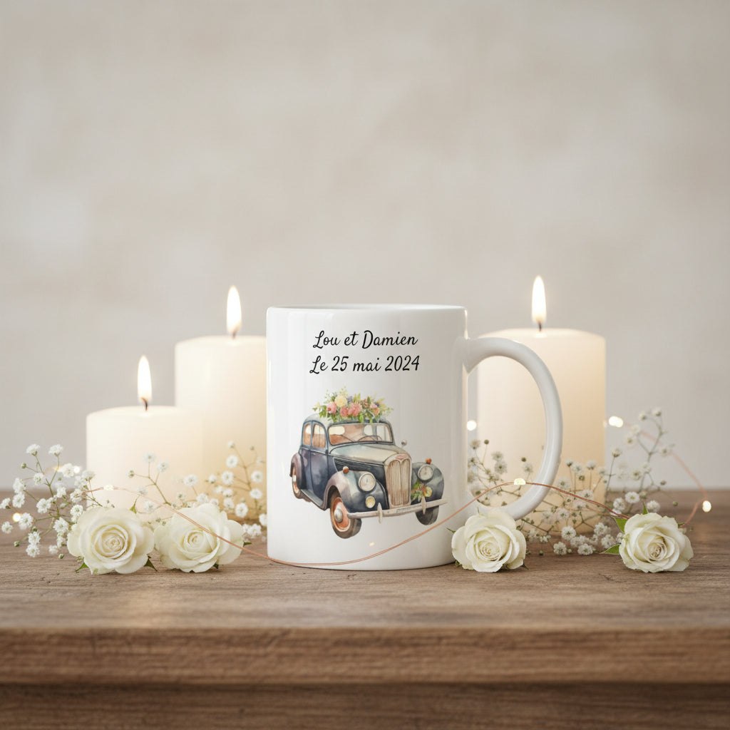Mug personnalisé voiture de mariage avec prénoms et date – cadeau mariage vintage élégant
