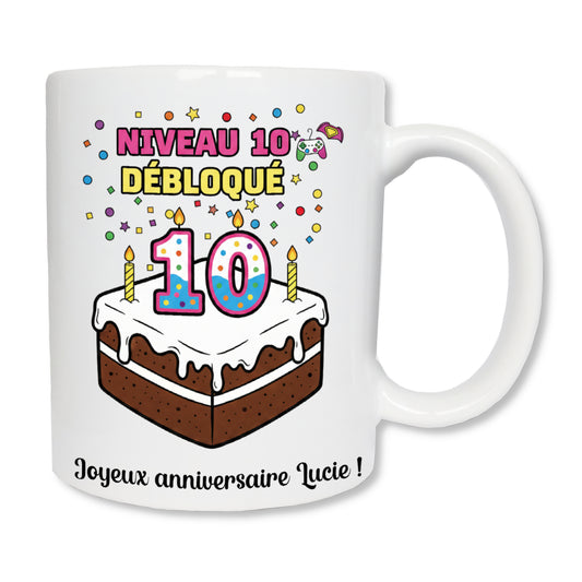 Mug gâteau joyeux anniversaire 10 ans - cadeau anniversaire original personnalisé
