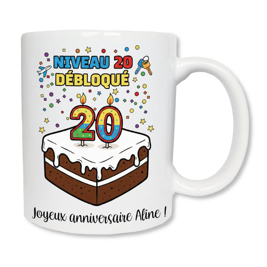 Mug gâteau joyeux anniversaire 20 ans - cadeau anniversaire original personnalisé
