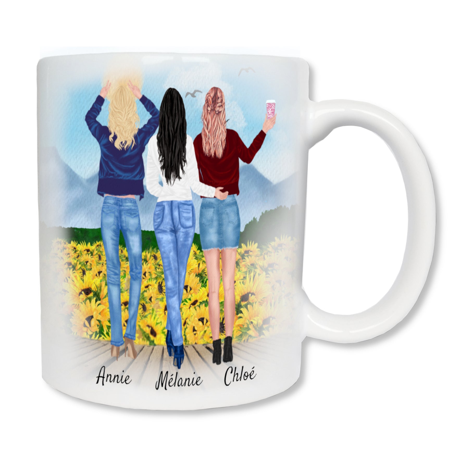 Mug personnalisé en céramique blanc affichant trois amies debout et de dos, contemplant un paysage. 