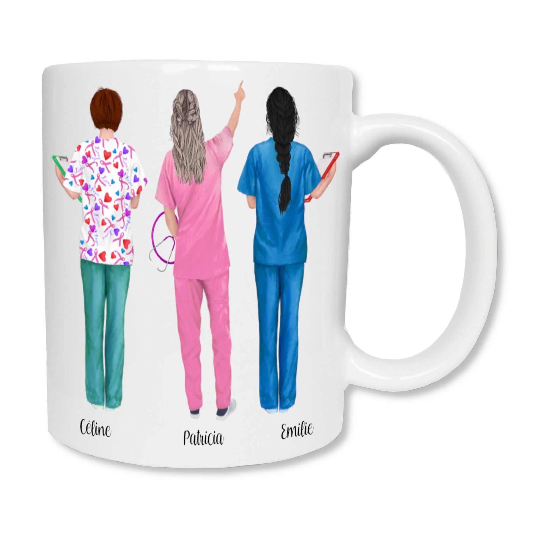 Mug personnalisé en céramique blanc représentant trois infirmières de dos