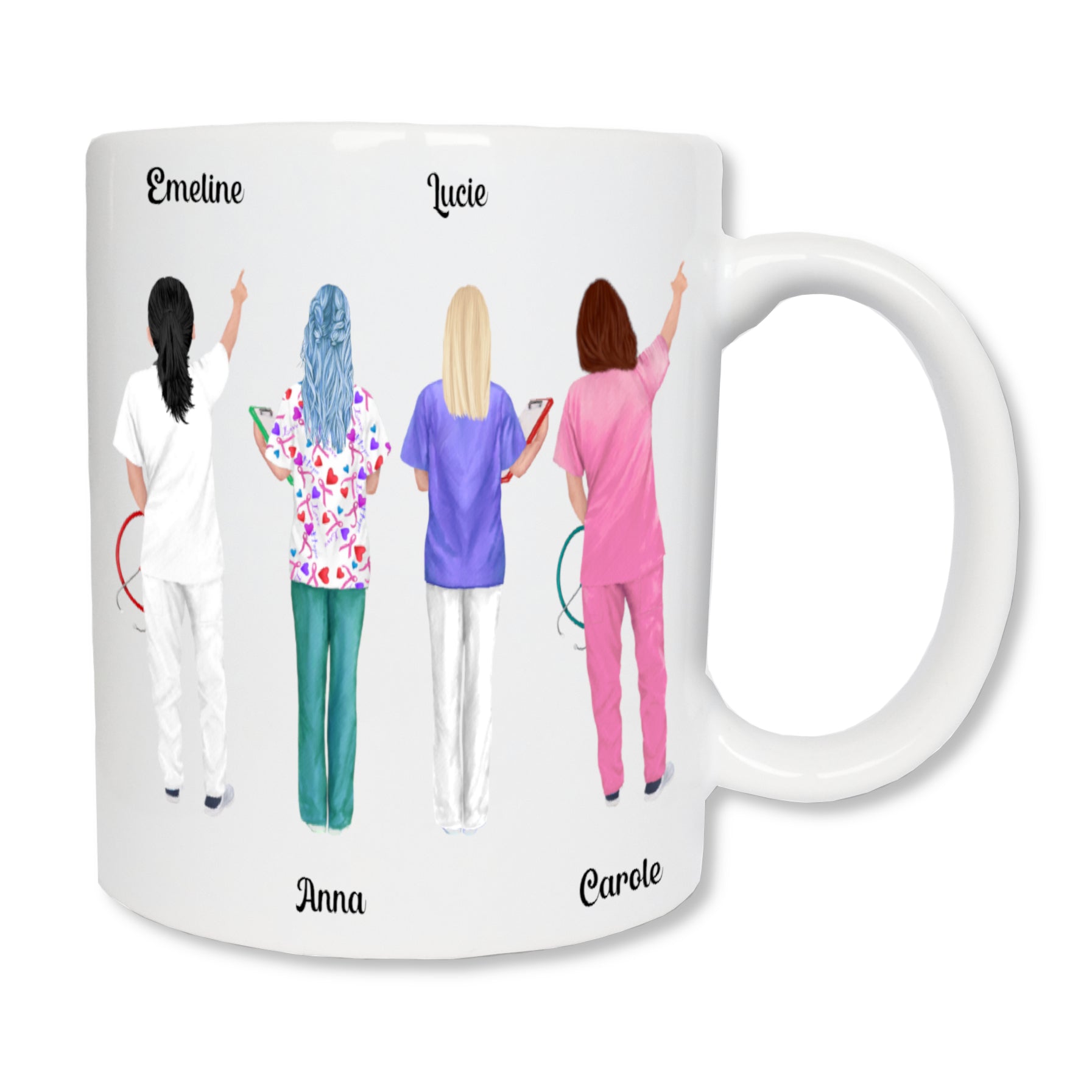 Mug personnalisé en céramique blanc de 325 ml affichant quatre infirmières de dos