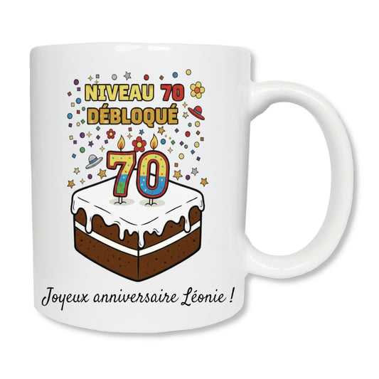 Mug personnalisé gâteau anniversaire 70 ans avec prénom - cadeau anniversaire original
