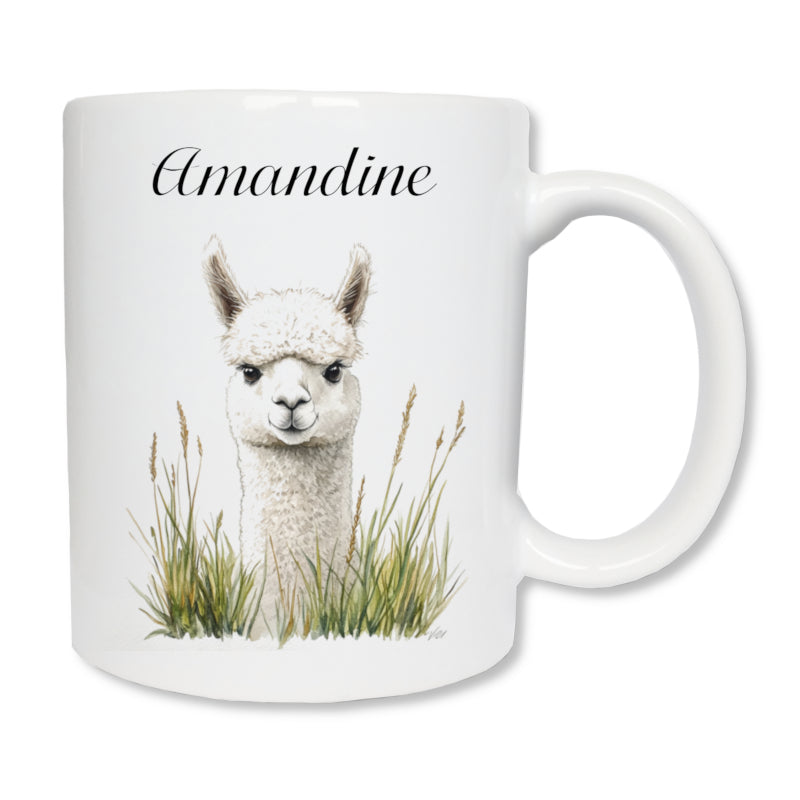 Mug personnalisé avec un alpaga de couleur blanche et un prénom